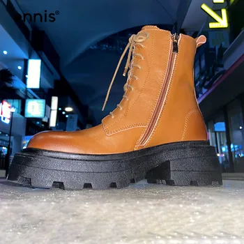 

ENNIS Autumn Winter Boots Genuine Leather Lace Up Martin Boots Women Thick Bottom Boots Double Zipper Female Punk Shoes A0251