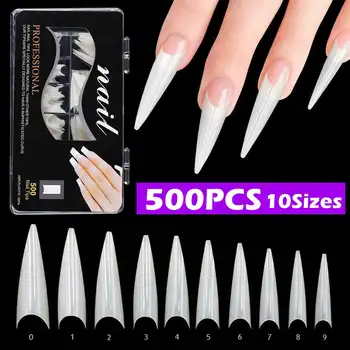 

500Pcs Extra Long Stiletto False Nail Tips Set Natural Acrylic Gel Salon Half Cover Tips 0-9 sizes with Box