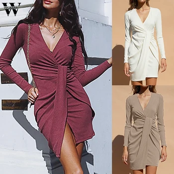 

Womail Dress Autumn 2019 Long Sleeve Elegant Dresses V-Neck Casual Irregular Dress Fashion workwear Mini Dress With Belt Party88