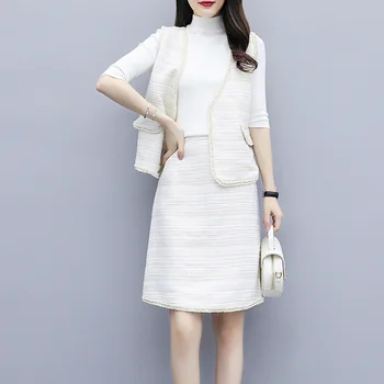 

Fashion Female Autumn Set Small Temperament Skirt Vest Shirt Three-piece Suit Mid Sleeve Blouse Shirts Above Knee Length Skirt