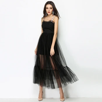 

Spaghetti Strap Black Dress Lace 2019 Summer New Sexy Perspective Mesh Slim High Waist Splicing Perspective Backless Gauze