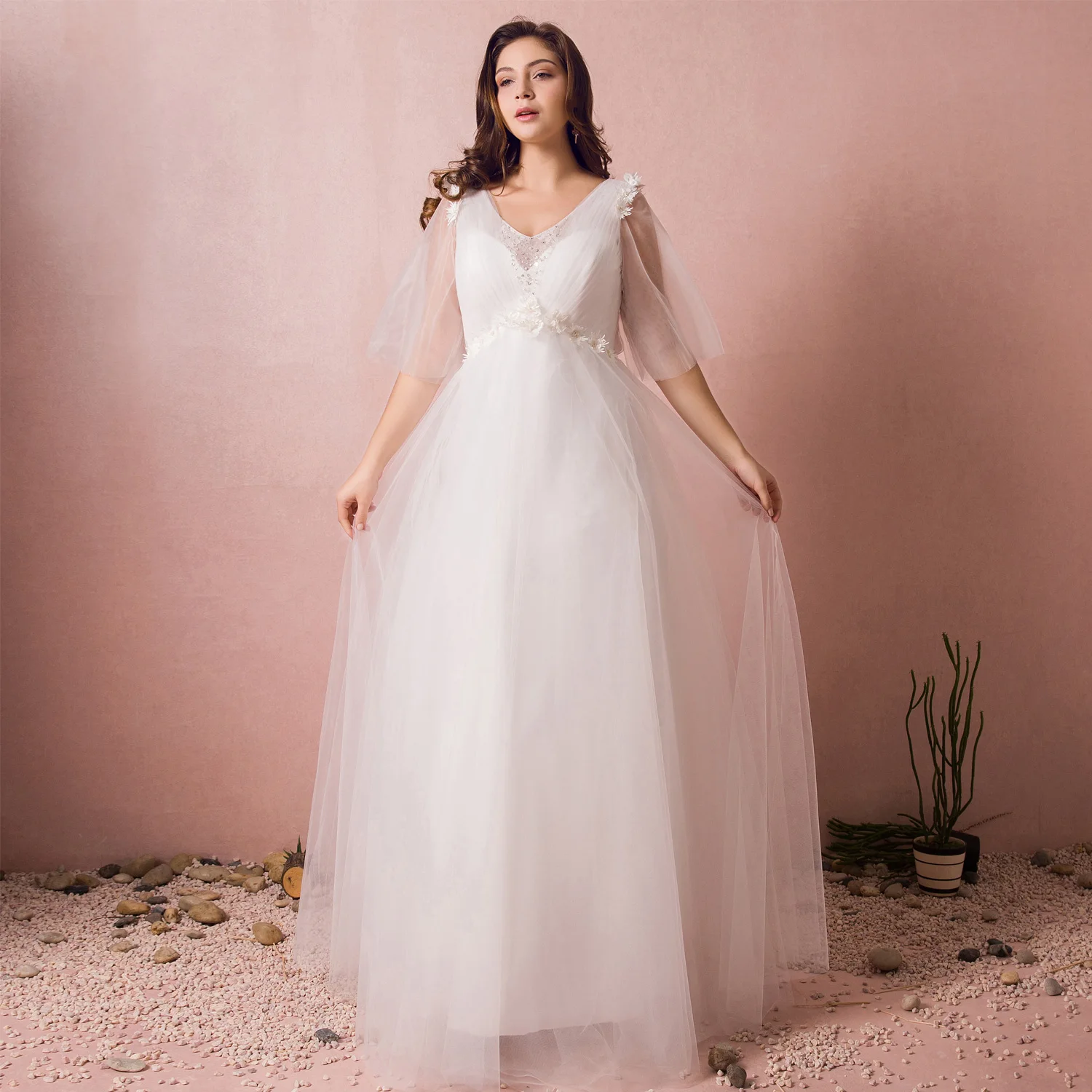 Новый Элегантный Тюль 3D цветок тюль размера плюс свадебное платье феи A-Line v-образным вырезом Иллюзия платье с блестками на шнуровке платье