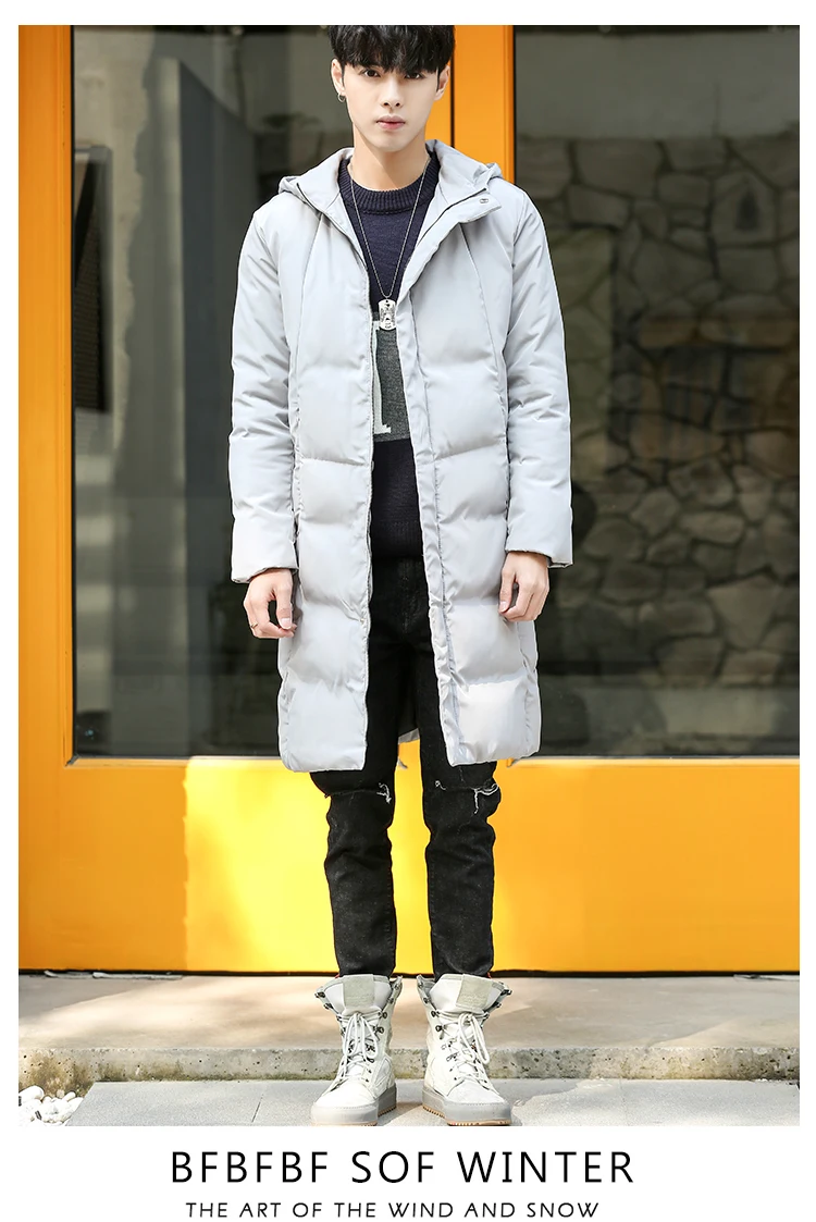 Men's Long Cotton Coat Hooded Cotton-padded Clothes Middle Long Coat Simple Version Long down Coat