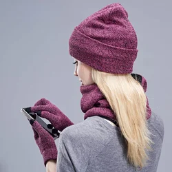3pcs Plus Velvet Three-piece Quick Warm Suit Winter Hat Scarf Touch Screen hat scarf glove Women Men Thick Wool Lining Warm Set