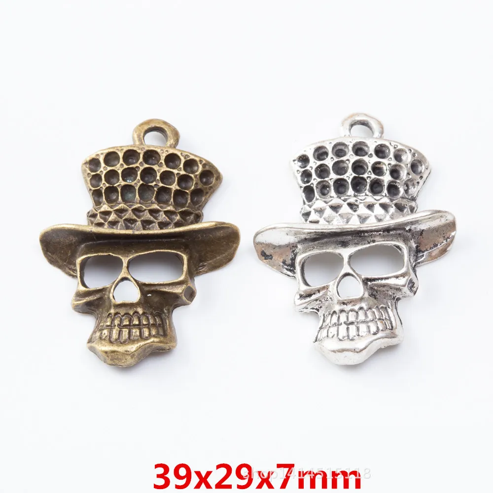 39*29*7mm Vintage Skull Head Hat Jewelry DIY Charms 20pcs Bronze Silver Tone Zinc Alloy Metal Bracelet Earring Pendants | Украшения и