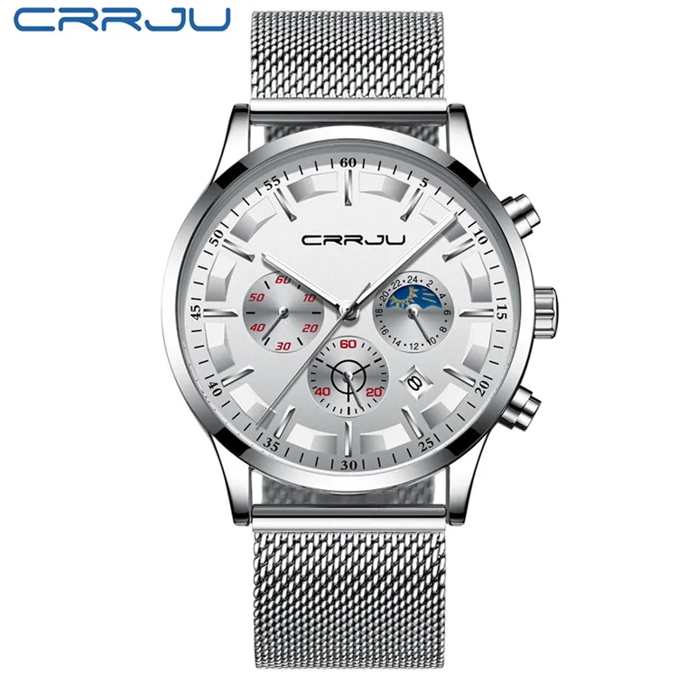 Relogio Masculino CRRJU мужские часы для роскошного бренда Бизнес стали Кварцевые часы повседневные водонепроницаемые мужские наручные часы хронограф - Цвет: Silver White