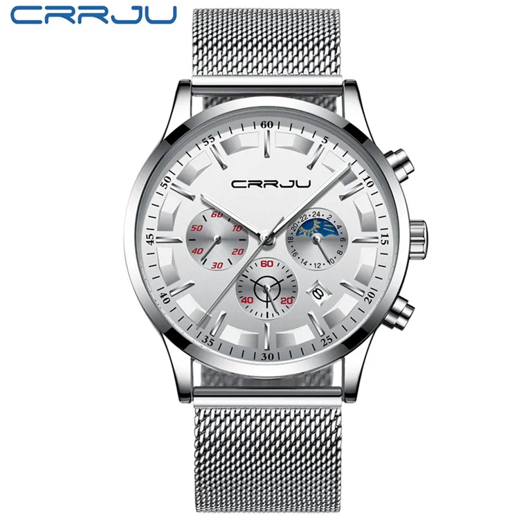 Silver White Relogio Masculino CRRJU мужские часы для роскошного бренда Бизнес стали Кварцевые часы повседневные водонепроницаемые мужские наручные часы хронограф - Цвет: Silver White