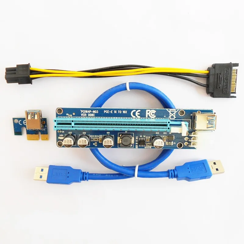 Обновленная версия VER008C Riser PCI E 1x к 16x Card светодиодный USB 3 0 6pin питание для BTC Asic Bitcoin