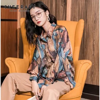 

CHEERART Baroque Vintage Blouse Long Sleeve Button Up Shirt Women Tops And Blouses Colorblock Print Fashion 2020