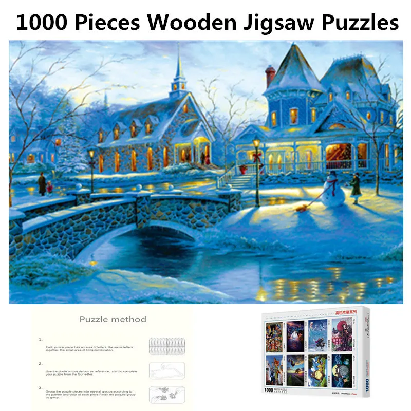 1000 шт., игрушка для взрослых, для развлечений, для сборки, деревянный пейзаж, головоломка, Детская Подарочная коробка, упаковка, Зимний снег, головоломка