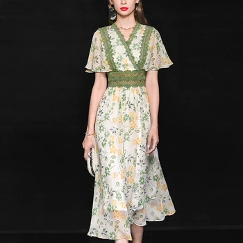 

Seifrmann V-Neck Print Chiffon Boho Women Midi Dress Elegant Designer Lace Patchwork Short sleeve Summer Beach Party Vestidos