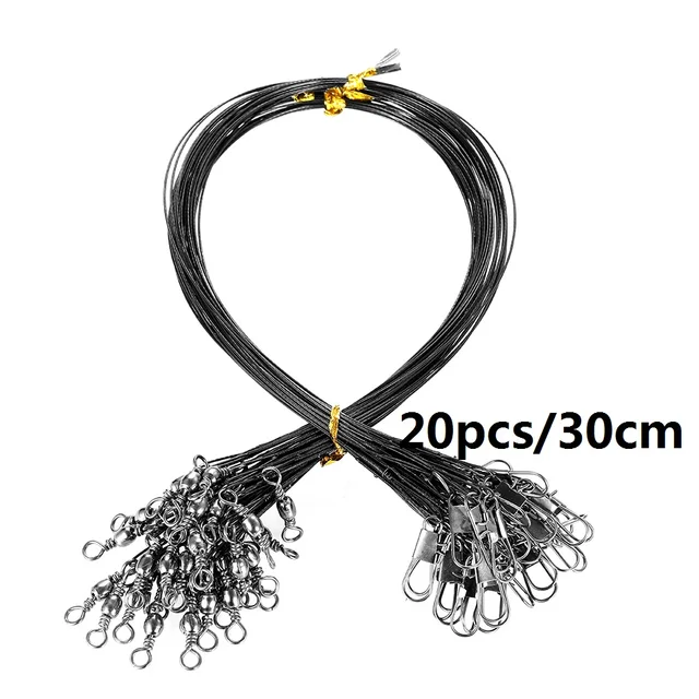 20PCS Anti Bite Steel Fishing Line Steel Wire Leader With Swivel Fishing Accessory Lead Core Leash Fishing Wire 15CM-40CM Black 30cm