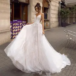 A Line Backless Evening Dress Sexy Spaghetti Straps Bridal 3D Lace Flowers Fairy Beach applique Romantic Gowns