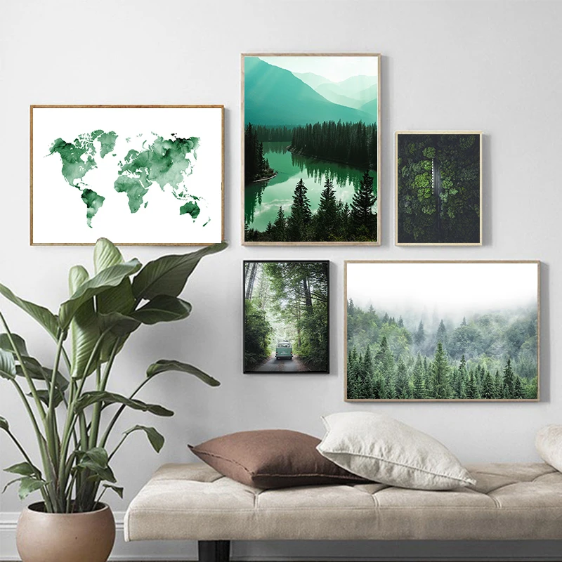 Mountain Lake Green Forest Road Travel Quotes Wall Art Canvas Painting Nordic Posters and Prints Pictures for Living Room Decor