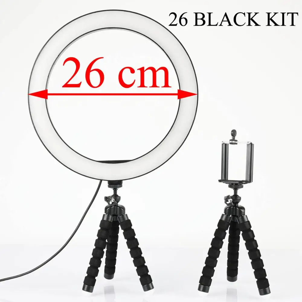 26cm Light black kit Светодиодный кольцевой светильник для селфи для фотосъемки 26 см, кольцевая лампа для фото телефона с настольным штативом для камеры, держатель для смартфона, для макияжа, видео в реальном времени - Цвет: 26cm Light black kit