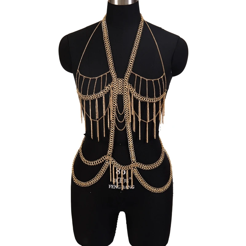 

Boho Sexy Body Harness Lingerie Women Goth Luxurious Metal Tassel Chain Hanging Neck Hollow Sling ​Punk Jewelry Club Rave Fetish