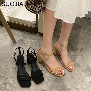 

SUOJIALUN Women Sandals Square High Heel Women Summer Sandal Shoes Fashion Narrow Band Female Classic Sandals Shoes