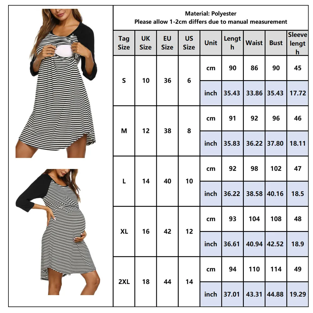 Womens Long Sleeve Stripe Maternity Nursing Dress for Breastfeeding winter pregnant dress nightgown cotton sleepwear dress D20