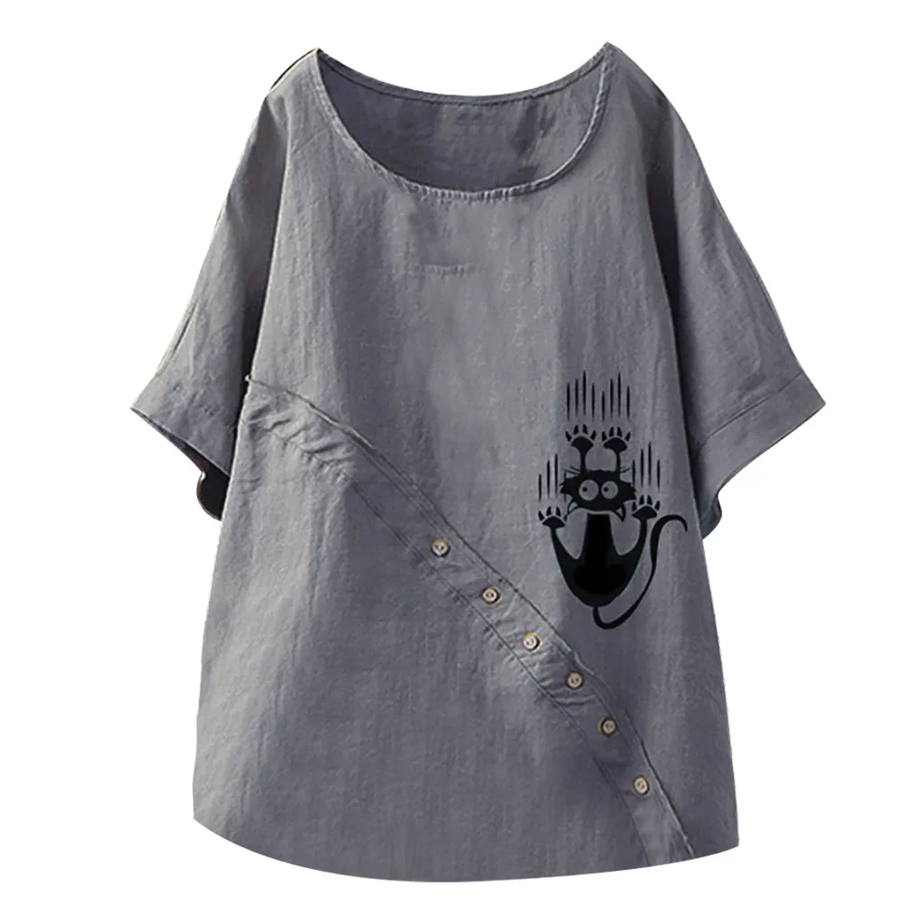 Модная женская Повседневная Свободная блузка хлопковые топы рубашка свободная простая льняная кошка ест рыбий принт короткий рукав рубашка блузка wome - Цвет: Gray