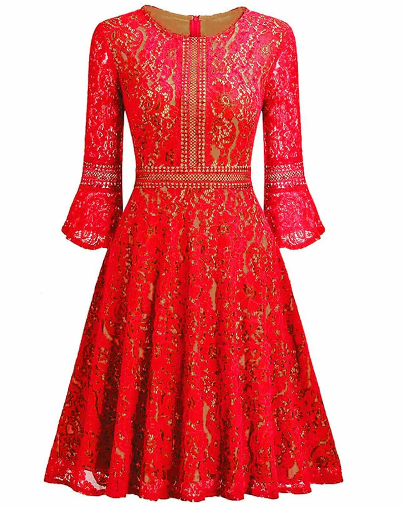 KAUNISSINA/женское винтажное коктейльное платье с кружевом; сезон весна-осень; вечерние платья трапециевидной формы с расклешенными рукавами; женские платья для выпускного вечера