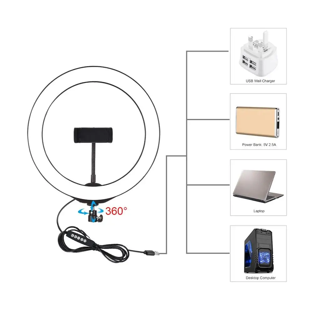 PULUZ 10.2 inch 26cm USB 10 Modes RGBW Dimmable LED Ring Vlogging Photography Video Lights with Cold Shoe Tripod Ball Head