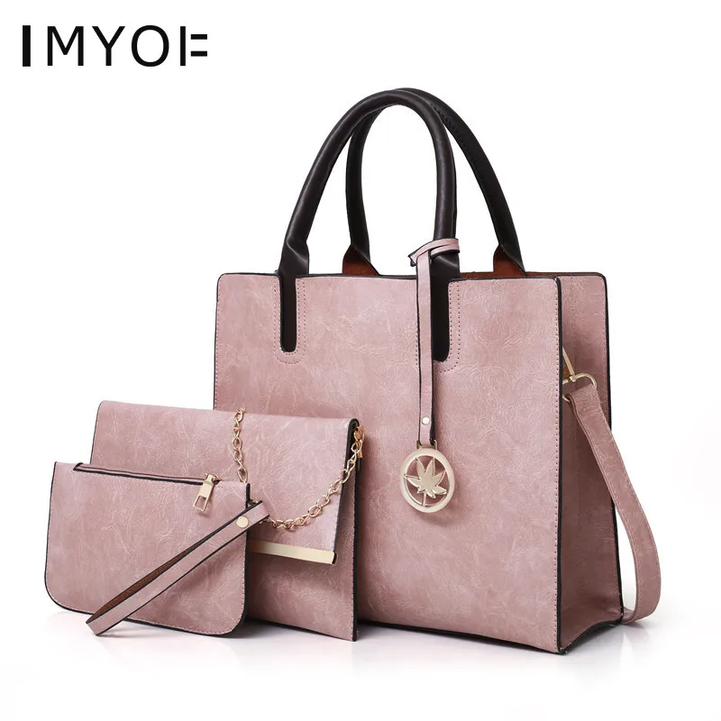 

2019 New Simple Women Leather Handbag Solid Color Fashion Ladies Shoulder Bags 3 Pcs Set Female Messenger Bag for Travel Daily
