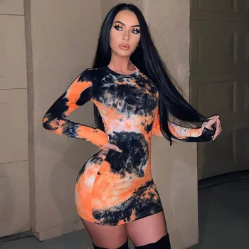 

ANJAMANOR Orange Tie Dye Print Rib Knit O Neck Long Sleeve Bodycon Dress Fashion Vestidos Spring 2020 Casual Mini Dress D16-AB22