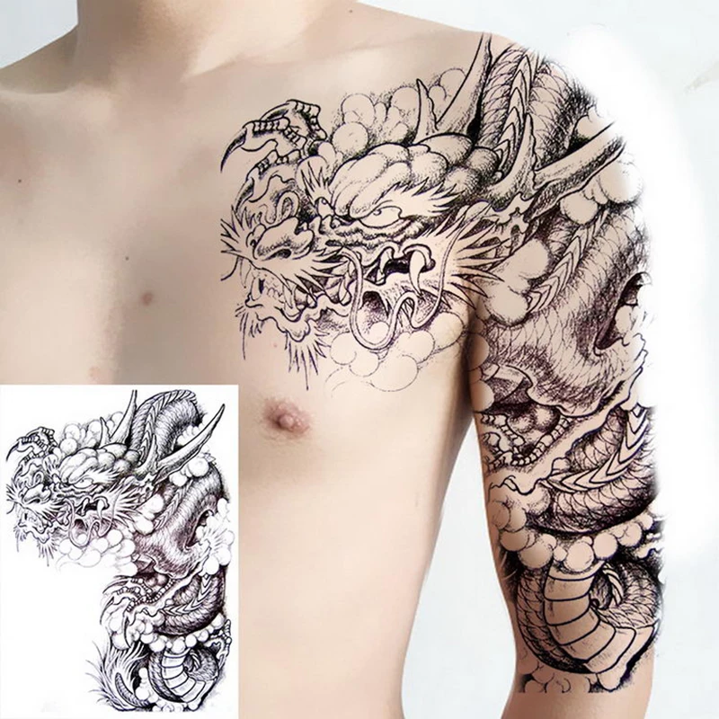 Half Arm Shoulder Waterproof Temporary Tattoo Sticker Cool Dragon Buddha Lotus Body Art Fake Women Sleeve Men Personality Tatoo