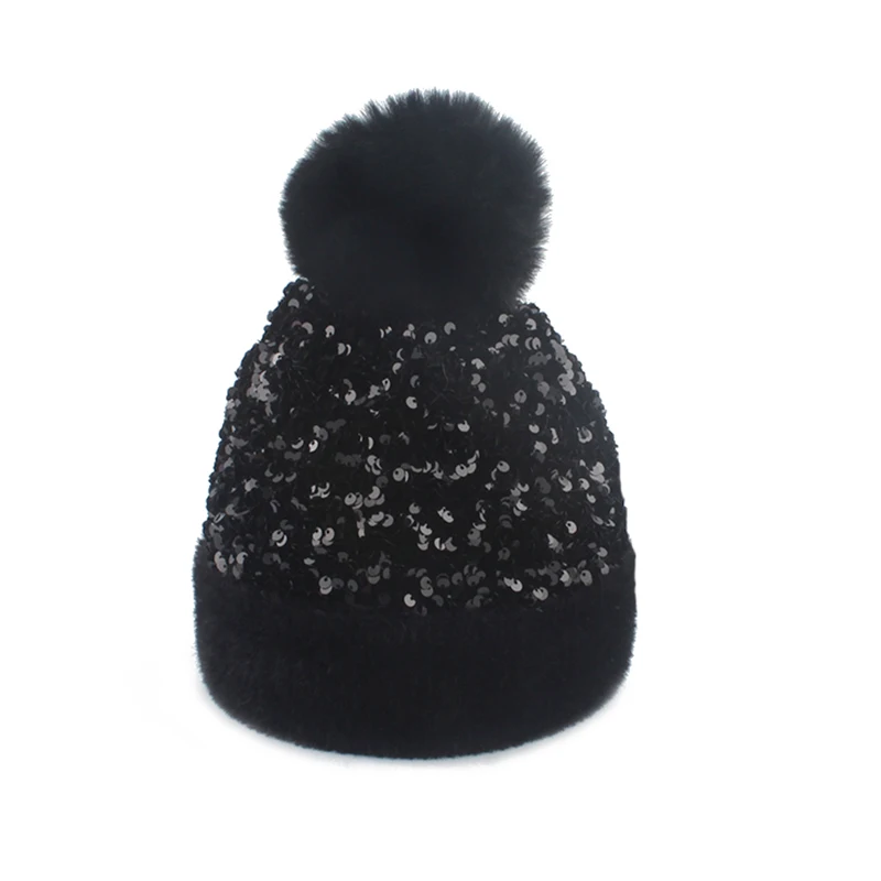 Winter Gebreide Mutsen Hoeden Vrouwen Luxe Bing Pailletten Beanie Skullies Vrouwelijke Bont Pompom Hoed Motorkap Beanie Caps 3