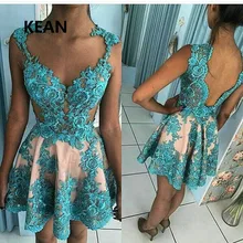 Синие платья с аппликацией для выпускного вечера, длина до колен, а-силуэт, открытая спина, иллюзия, vetidos, элегантная Коктейльная платья на заказ