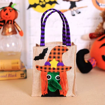

1pc linen Candy Bag Halloween Bags Trick or Treat Bags with Decoration Halloween Sack Decoration Gift bag witch