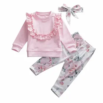 

Emmababy Flower Baby Girls Kids Outfit Ruffle Tops Pants Trousers Headband Clothes Set