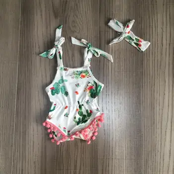 

Girlymax summer Baby girls children clothes kidswear pom-pom cactus romper toddler diaper snaps cotton ruffle match headwear