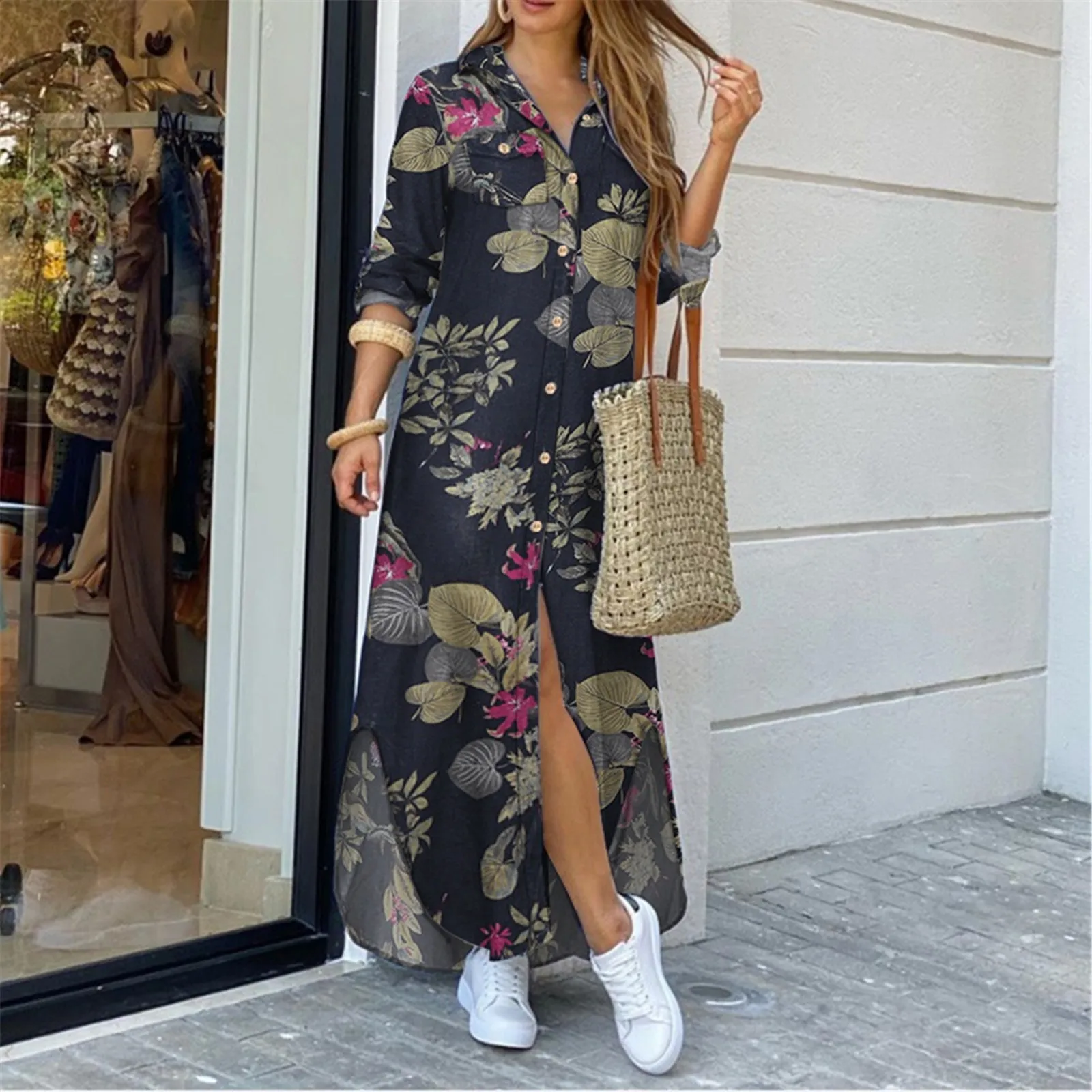 Abito lungo autunnale camicia a maniche lunghe abito donna Denim abiti  lunghi camicia con bottoni tasca stampa abito abiti larghi Casual  2022|Dresses| - AliExpress