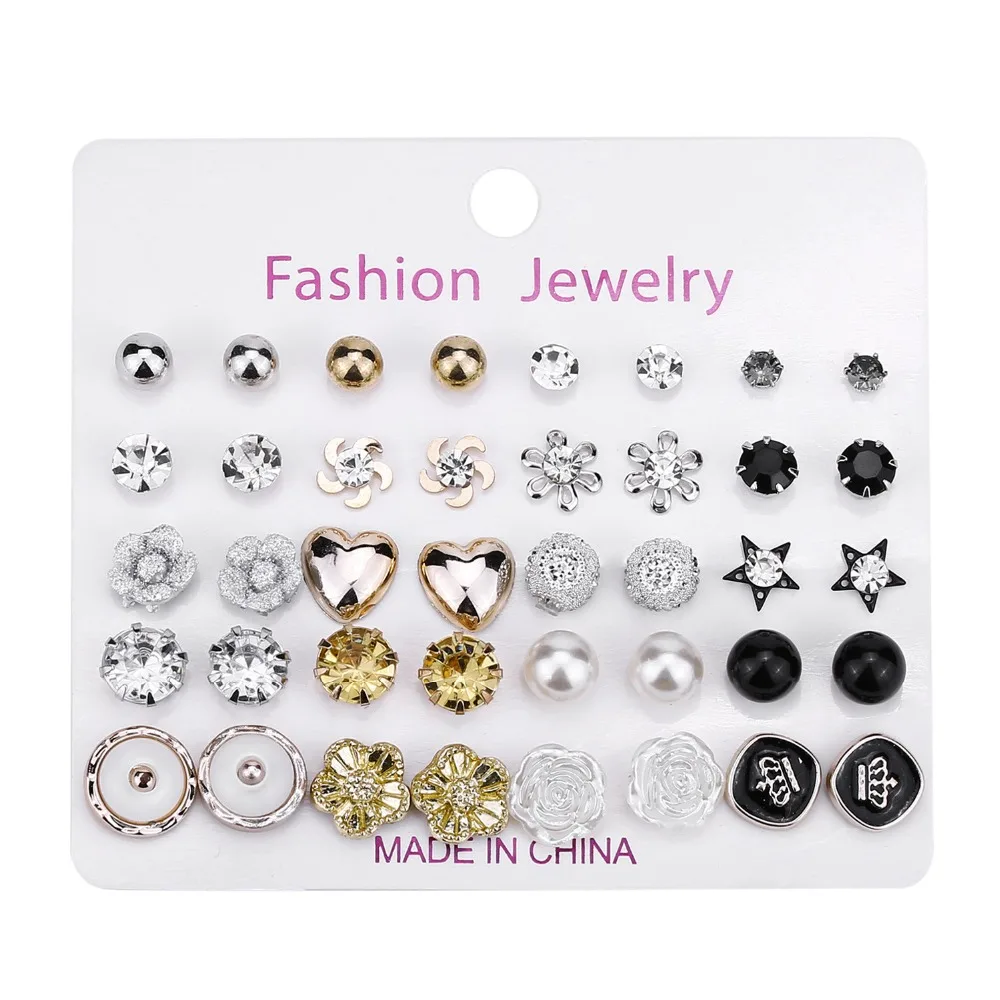 12 Pairsset серьги Earrings for Women Rhinestone Pearl Earrings Stud Earrings Set Small Earrings oorbellen voor vrouwen (1)