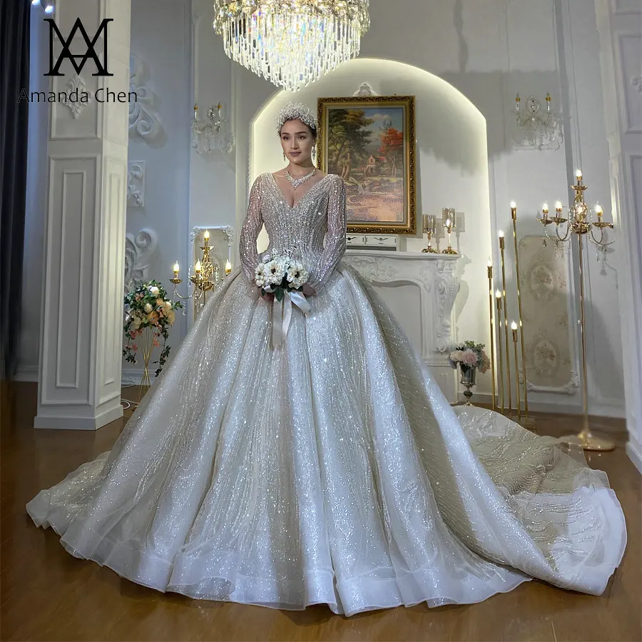 Vestido de boda de cristal de diamantes de imitación con cuello en V de  manga larga de alta calidad - AliExpress Bodas y eventos