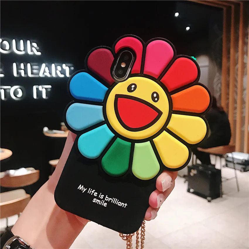 Sun flower creative lanyard silicone phone case for iPhone 6 6s 7 8 plus X XR XS MAX shatter-resistant smiley fashion cover |
