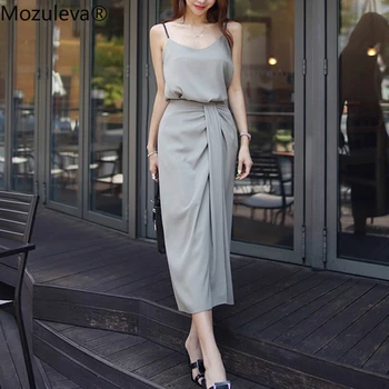 

Mozuleva 2020 Summer Elegant Solid 2 Pieces Set Solid V-neck Sleeveless Tops & Split Skirt Women Office Ladies Two-pieces Suits