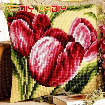 

Cross Stitch Cushion Sunflowers Tulips Make Your Own Pillow Chunky Cross Stitch Kits Pre-Printed Canvas Acrylic Yarn Pillow Case