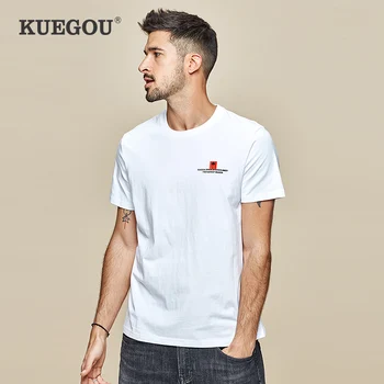 

KUEGOU brand Men's short sleeve T-shirt Summer fashion leisure round collar printed 100% cotton t shirt men Tops White ZT-3319