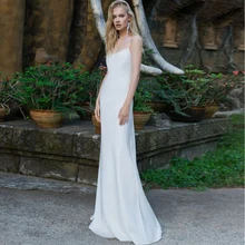 Simple White Wedding Dresses V-Neck Sheath Chiffon Spaghetti Straps Sleeveless Sweep Train Backless Bridal Gowns Robe De Mariée