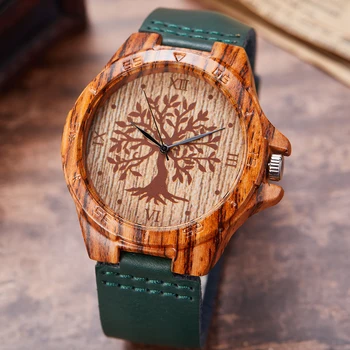 Reloj de pulsera de cuarzo con diseño árbol de la vida para hombre y mujer, cronógrafo de imitación de madera creativo, correa trenzada, cuero suave, tus, UHR