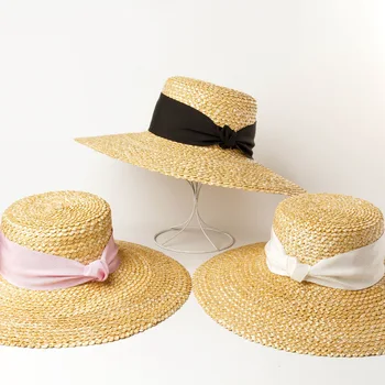 

spring summer new popular wave pattern woven straw sun hats for women big brim beach hats with fashion handmade ribbon