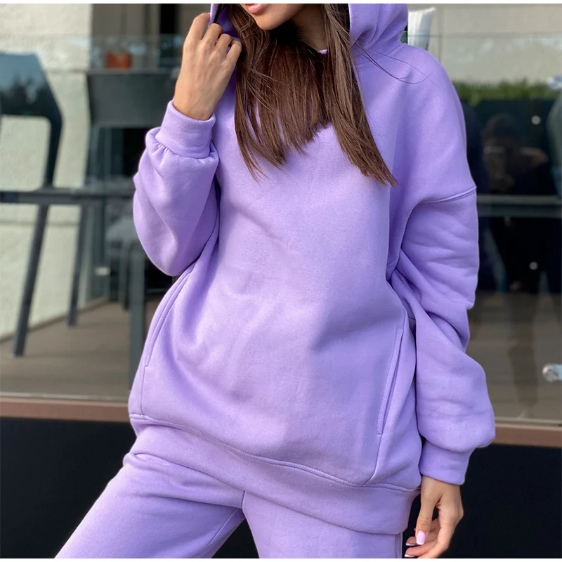 Two Piece Set Casual Fleece Tracksuit Women Winter 2021 Women's Sets Oversized Hooded Long Sleeve Hoodie Sport Pants Lady Suit