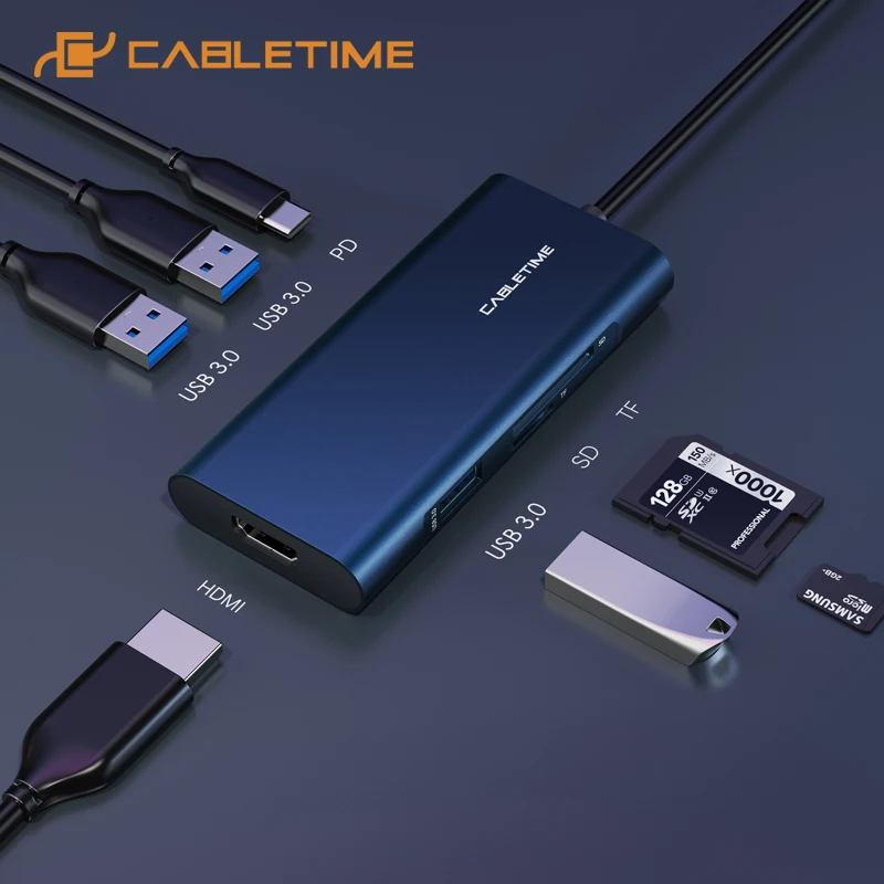 CABLETIME концентратор USB C к 3 0 PD HDMI SD/TF темно-синий кардридер адаптер для Macbook air pro Huawei