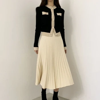 

2020 Autumn Winter Office Knitted 2 Piece Set Single Breasted Pearl Buttons Cardigan Sweater+Pleated Long Skirt Suit Women suit