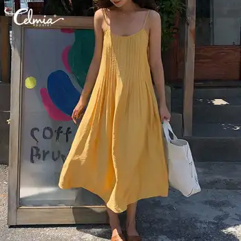 

Summer Sundress Celmia Women Bohemian Strappy Long Dress Sexy Pleated Party Midi Casual Loose Beach Vestido Robe Mujer Plus Size