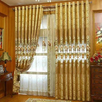 

European-style Embroidered Chenille Jacquard Blackout Curtains Tulle for Living Room Wedding Room Resplendent Golden Curtains