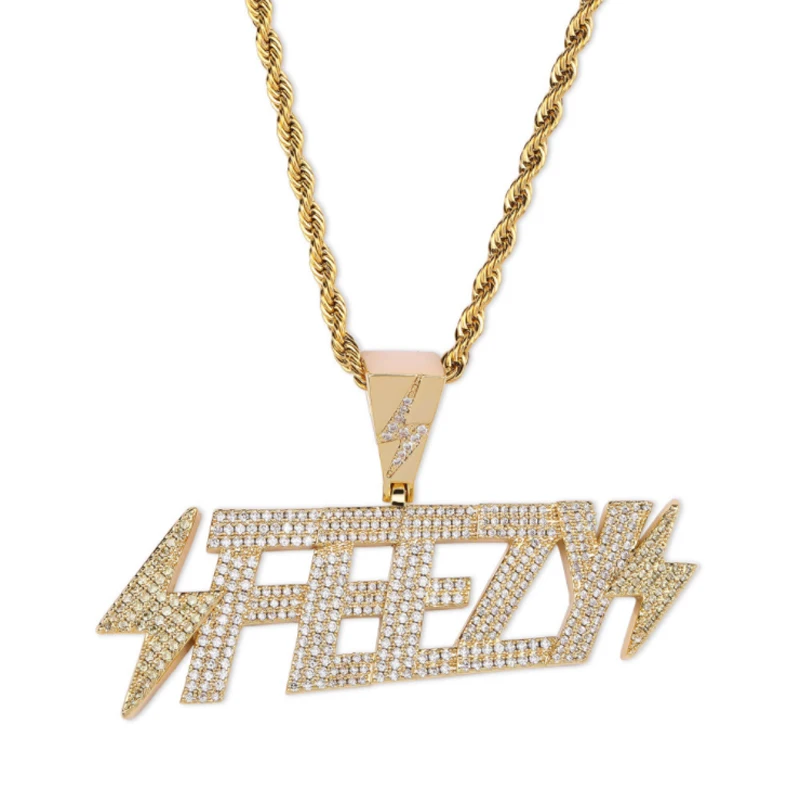 

Golden FEEZY lightning men and women pendant letters micro-inlaid zircon personality punk hiphop solid necklace jewelry