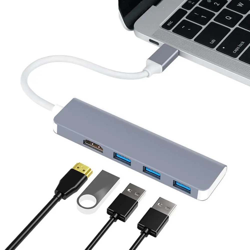 Изысканный дизайн USB-C концентратор type-C адаптер для HDMI 3 USB 3,0 Портативный Алюминиевый USB C Ключ серый